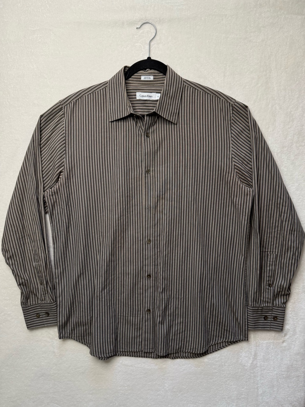 Calvin Klein 100% Cotton Men’s Brown White Black Striped Dress Shirt Pinstripe M